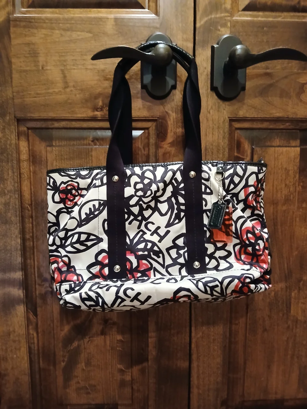 Coach Floral Tote in White, Black and Red